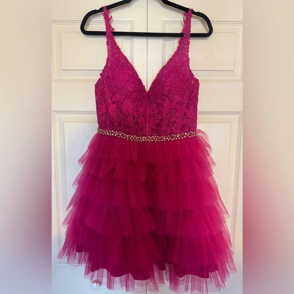Jovani Fuchsia Lace Tiered Kids Dress
